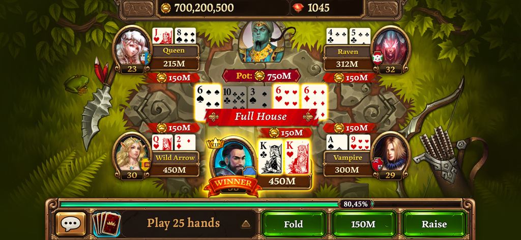 Fantasy themed Texas Holdem poker gameplay with character avatars and a full house win
