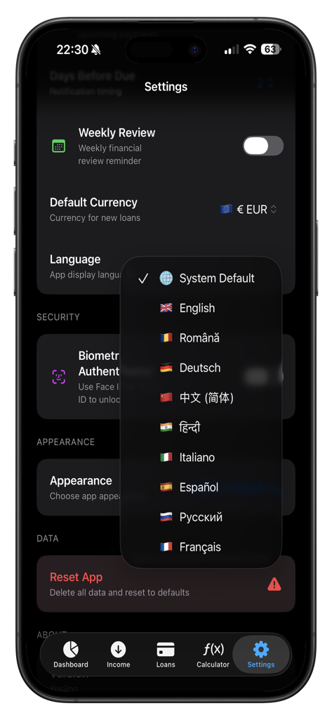 Ypsilon - Ypsilon app settings menu showing language selection and currency options