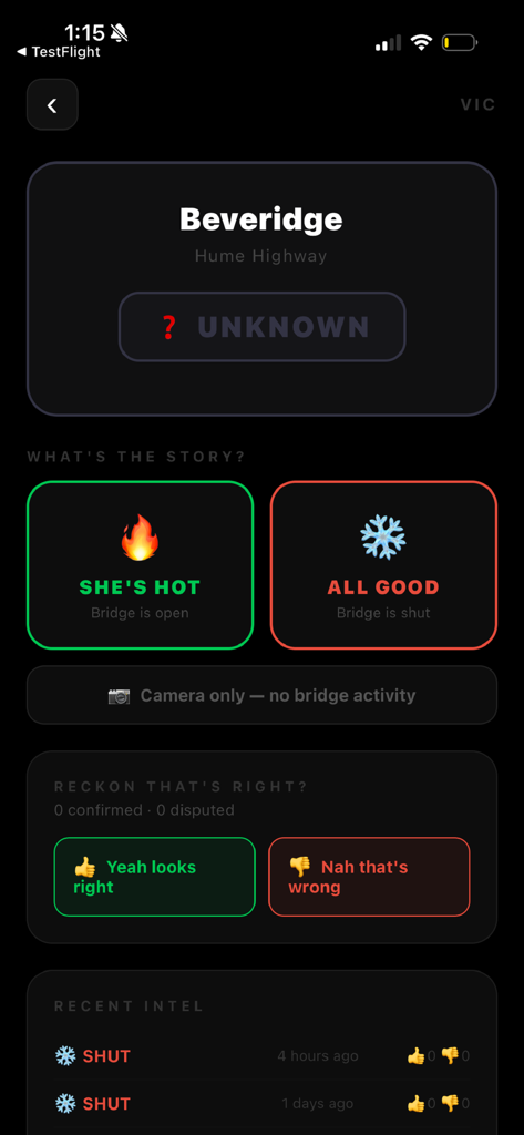 Yeah Copy - Interface do aplicativo Yeah Copy mostrando a tela de relatório de status da balança para a balança de Beveridge na Rodovia Hume