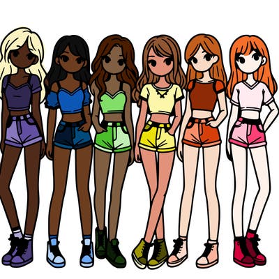 a group of girls wearing crop tops and shorts