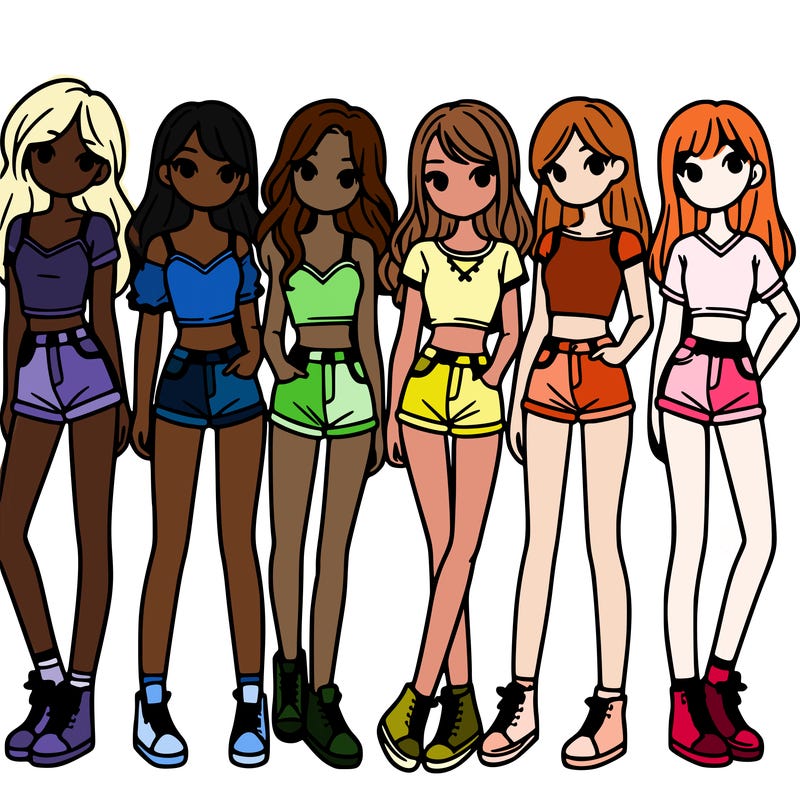 a group of girls wearing crop tops and shorts