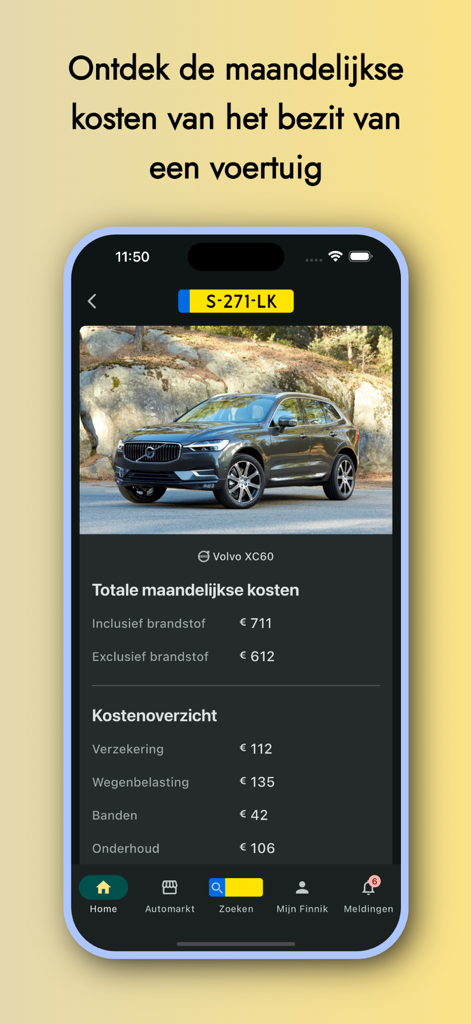 Finnik iKenteken app screen showing a monthly cost breakdown for a Volvo XC60