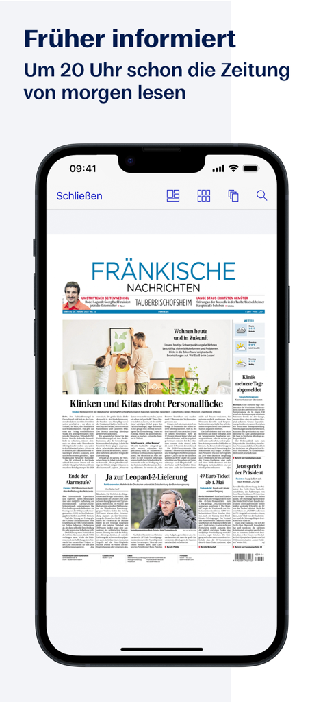 FN E-Paper App zeigt die digitale Titelseite der Fränkischen Nachrichten auf einem Smartphone