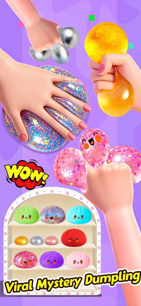 Squishy Fidget Toys - Unbox It - Hands squeezing colorful glittery squishy toys with a shelf of viral mystery dumplings