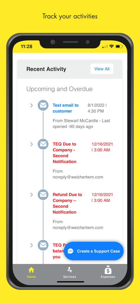 Weichert Go - Employee - La schermata Attività Recenti dell'app Weichert Go che mostra un elenco di notifiche di ricollocazione e attività imminenti