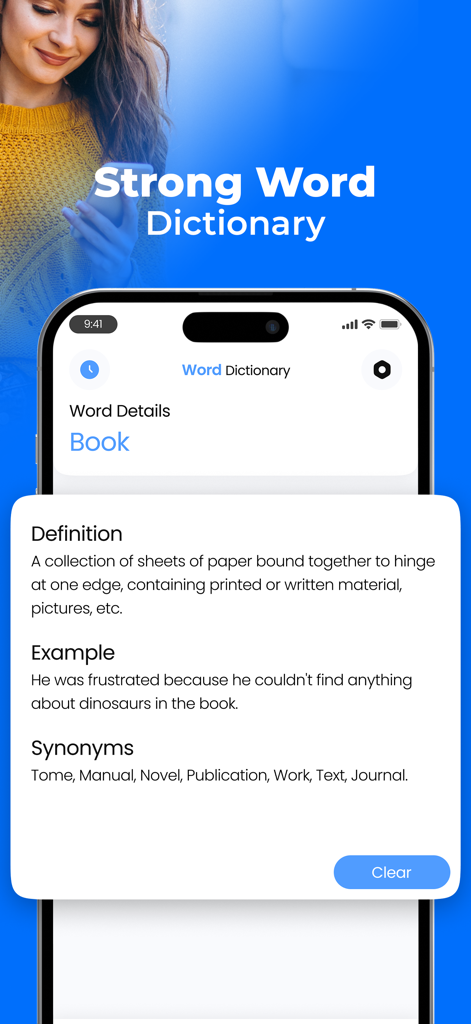 定義と類義語を表示する翻訳アプリの単語辞書インターフェイス