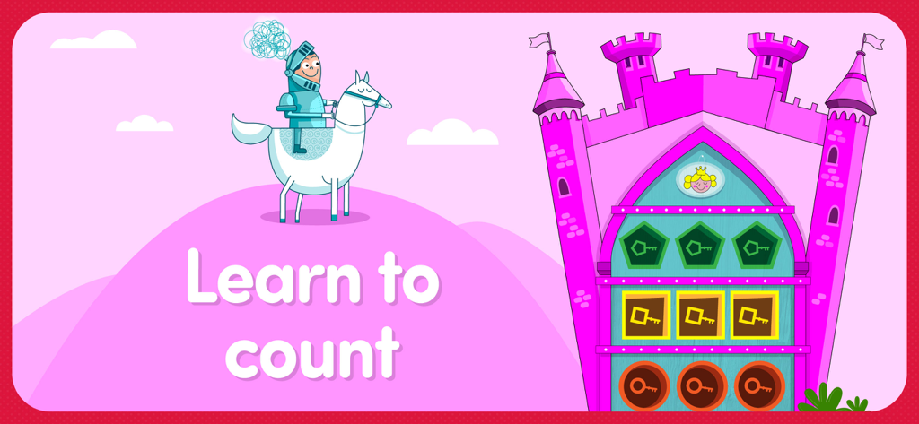 123 Games for toddlers - Full - Ein Lernspielbildschirm für Kleinkinder mit einem Ritter auf einem Pferd und einem rosa Schloss mit einem Zählrätsel