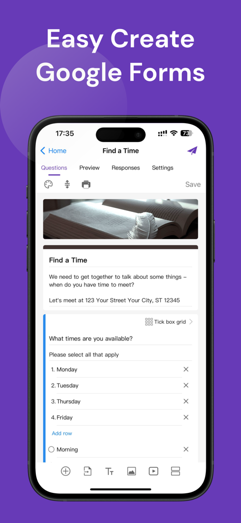 Mobile Benutzeroberfläche der Forms for Google Drive-App, die die Bearbeitung einer Umfrage mit dem Titel Zeit finden zeigt.