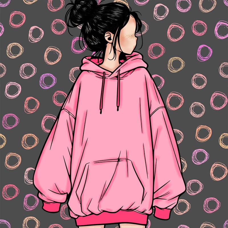 realistic girl with a oversized sweatshirt on and a bun