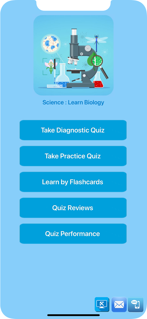 Main menu screen of the Science Learn Biology app with study and quiz options