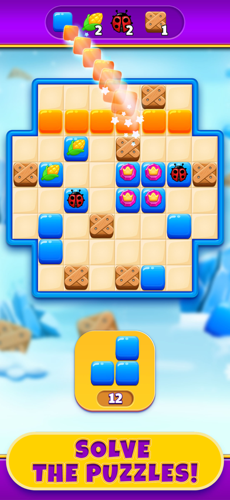 Royal Cat Puzzle - Gameplay screen of Royal Cat Puzzle showing a colorful block puzzle board with various level objectives