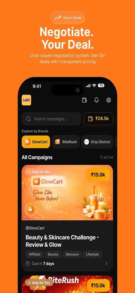 Hipi app interface showing brand campaigns and the Smart Deals negotiation feature for content creators