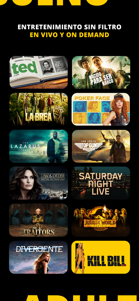 유니버설 플러스 스트리밍 앱에서 제공되는 Top Gun 및 Law and Order를 포함한 영화 및 TV 쇼 포스터 모음