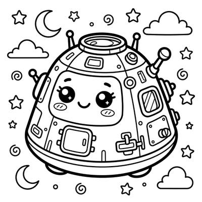 Embark on a creative journey with this charming Kawaii Reentry Vehicle coloring page. Featuring a smiling space capsule amidst stars and clouds, it promises a delightfully cute coloring experience for all ages.