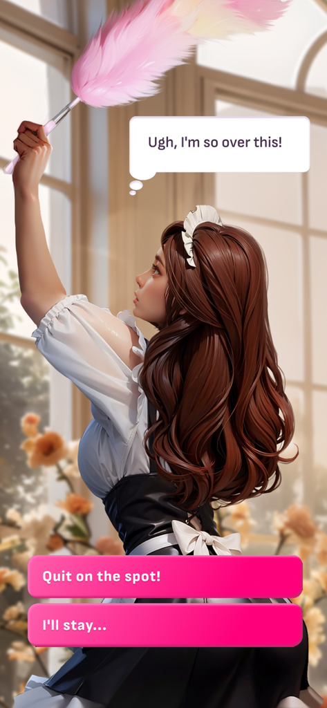 A female character in a maid outfit holding a duster with interactive story choices to quit or stay