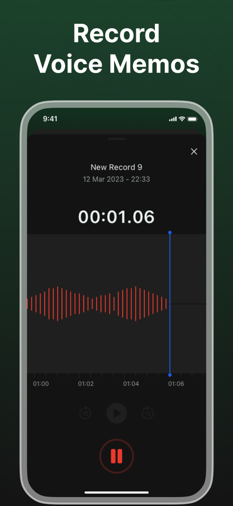 Interfaccia dello smartphone dell'app Rink che mostra la funzionalità di registrazione di memo vocali con un'onda sonora e un timer.