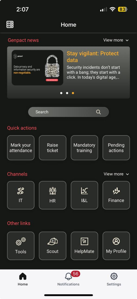 Genpact Hub - Genpact Hub mobile app home screen showing quick actions for attendance and tickets with corporate channels