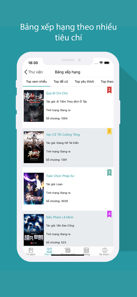 Tang Thu Vien app ranking screen showing popular web novels with cover images and descriptions