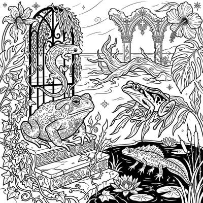 Explore a mysteriously beautiful world where cool-blooded creatures reign in a gothic summer setting. This unique coloring page brings together ornate amphibians and eerie botanical elements for a truly captivating artistic journey.