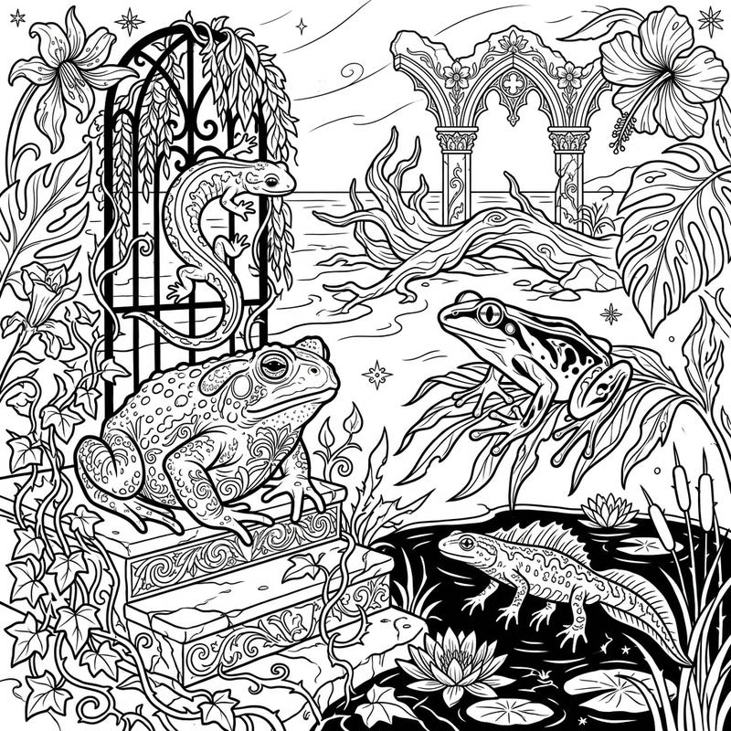 Explore a mysteriously beautiful world where cool-blooded creatures reign in a gothic summer setting. This unique coloring page brings together ornate amphibians and eerie botanical elements for a truly captivating artistic journey.
