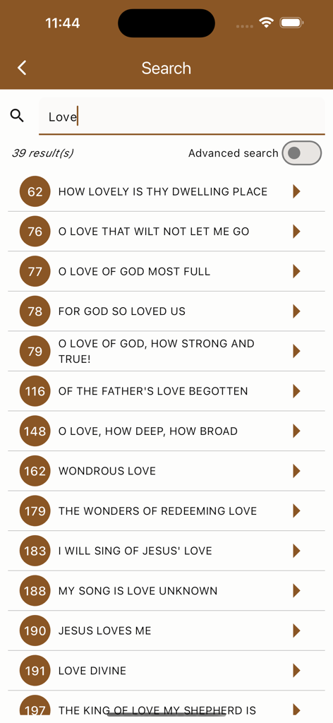 SDA Hymnal with music - Search results screen in the SDA Hymnal app showing a list of hymns matching the word Love with their corresponding numbers and titles.