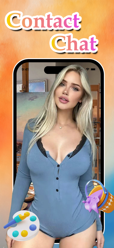 Tinko app screenshot showing a woman on a video chat interface with artistic icons like a paint palette and paint bucket