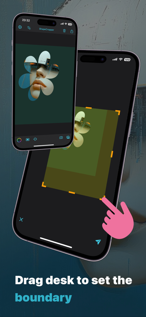 ShapeCropper - A mobile app interface showing a photo cropped into a flower shape and a hand dragging a yellow box to set boundaries on a canvas.