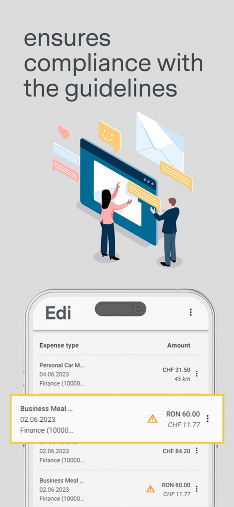 Edi Expenseアプリ画面が、出張に関する自動コンプライアンスチェックとポリシーアラートを表示している様子