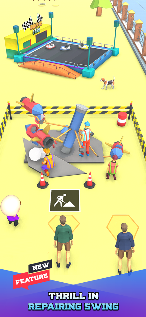 Bus Arrival Theme Park Games - Low-poly characters repairing a rocket swing ride in a theme park tycoon game with bumper cars in the background.