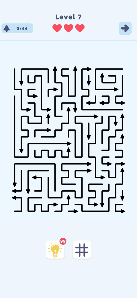 Arrow Escape - Tap Puzzle - Level 7 of Arrow Escape showing a minimalist grid of arrows in a puzzle board