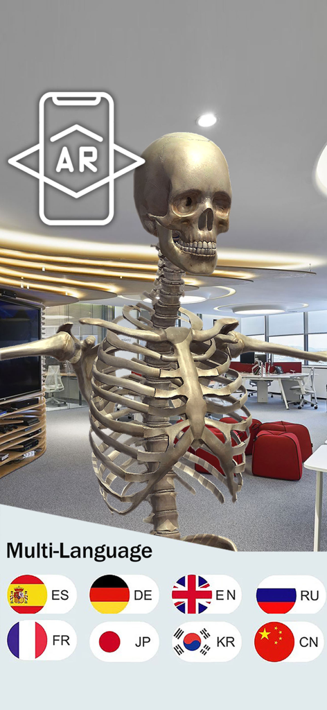 Human Anatomy 3D - App Anatomia Umana 3D con uno scheletro in realtà aumentata e bandiere di supporto multilingue.