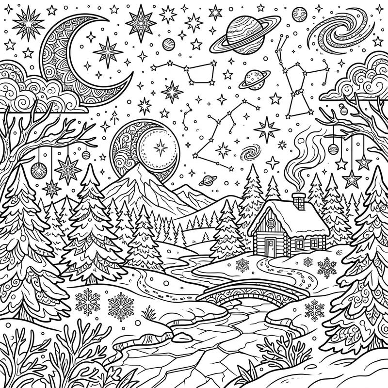 Dive into a mesmerizing coloring experience where the beauty of a snowy winter night meets the magic of the cosmos. This intricate design features dazzling celestial bodies illuminating a serene, frosty landscape, perfect for mindful coloring.