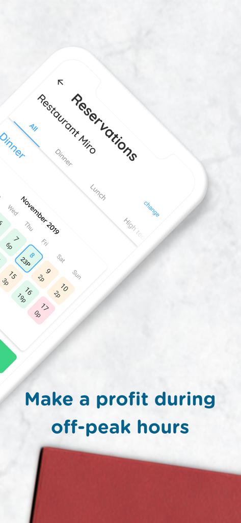 Social Deal Partner app interface showing restaurant reservations and off-peak hour management