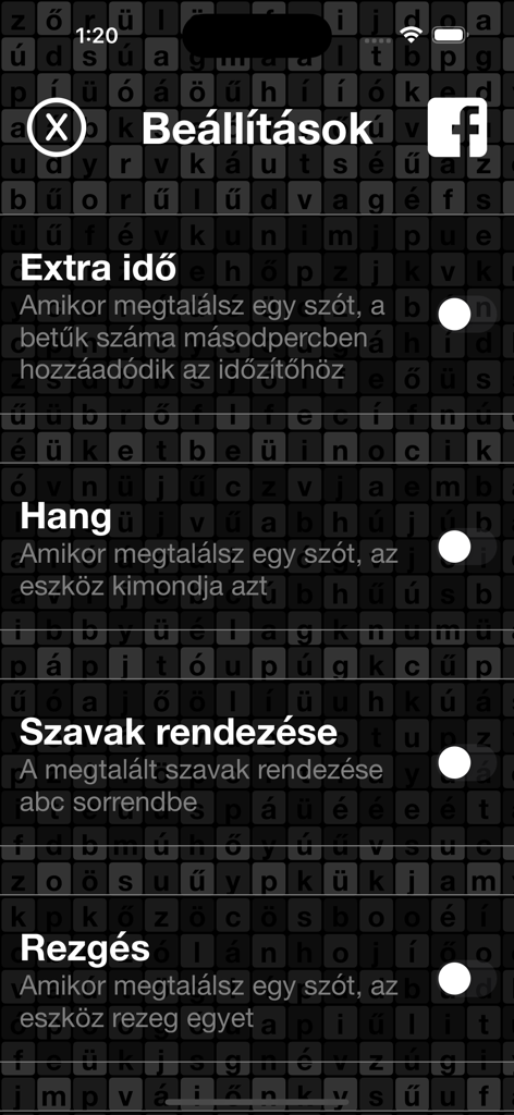 Einstellungen-Menü der WordsMatrix-App auf Ungarisch mit Optionen für zusätzliche Zeit, Ton, Wortsortierung und Vibration