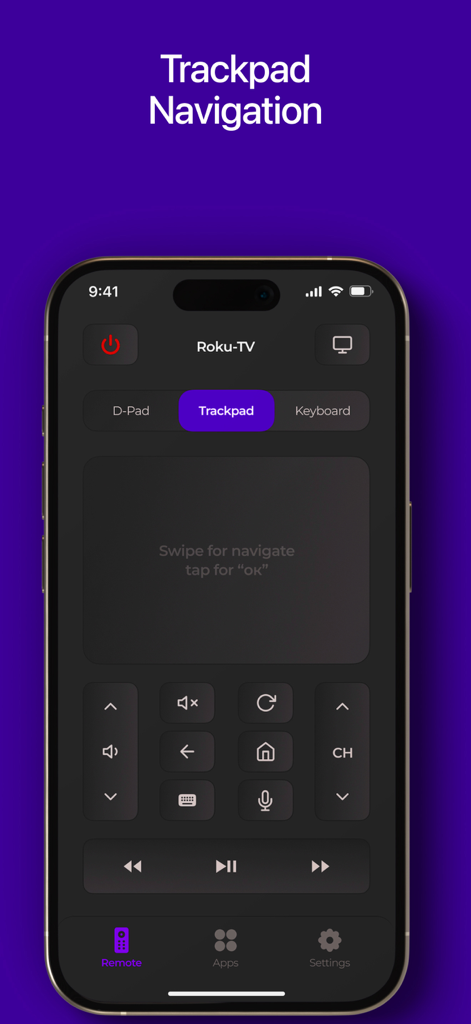 Roku・TV Remote Control - iPhone screen showing the trackpad navigation interface of a Roku TV remote control app