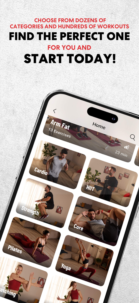 MAC plus mobile app interface showing workout categories like Cardio HIIT Strength and Yoga