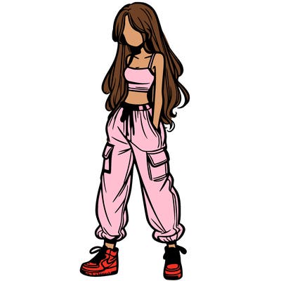 girl in baggy pants crop top and long hair