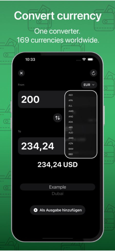Costify: Expense Tracker - Currency converter interface in the Costify app showing conversion from Euro to US Dollar.