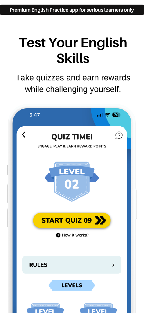 EngVarta: English Speaking App - クイズと報酬ポイントで英語スキルをテストするためのEngVartaアプリ画面