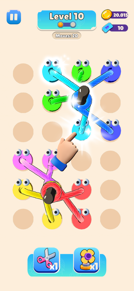 Rope Tangle 3D - Puzzle Game - A hand untying colorful ropes and knots in the Rope Tangle 3D puzzle game
