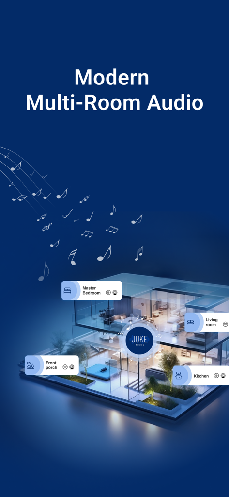 JUKE AUDIO - A modern home with highlighted audio zones for Juke Audio multi-room speaker control