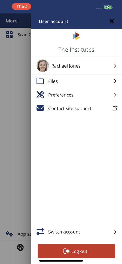 User account screen in The Institutes QuizMe app showing profile information, files, and preferences