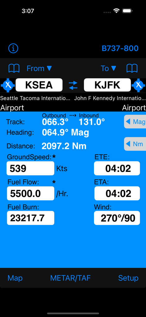 FlyBy Nav - Flight planning summary in FlyBy Nav showing route from Seattle to New York.