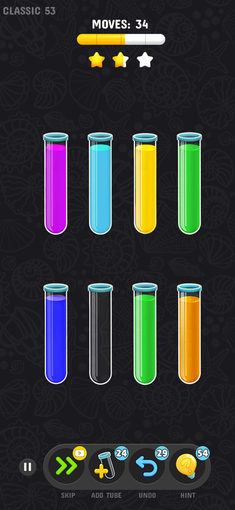 A gameplay screenshot of Color Water Sort Puzzle 3D showing colorful liquid being sorted into test tubes