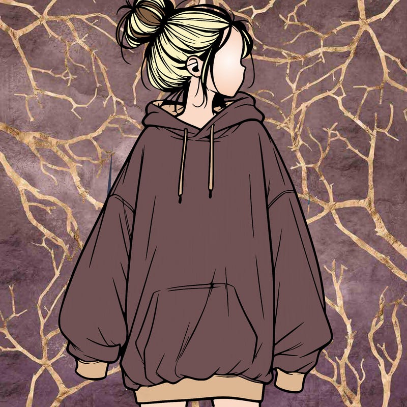 realistic girl with a oversized sweatshirt on and a bun