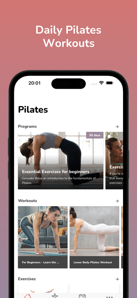 Pilates - Daily Workout - Interfaz de la aplicación Pilates Daily Workout mostrando programas para principiantes y ejercicios para la parte inferior del cuerpo