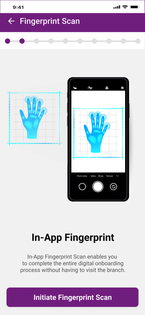 Meezan Digital Account Opening - Schermata dell'app mobile che mostra un processo di scansione dell'impronta digitale per l'apertura di un conto bancario digitale senza visitare una filiale
