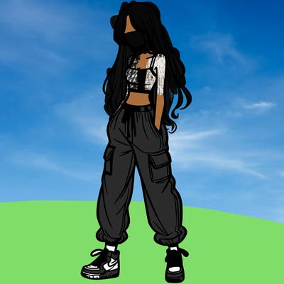 girl in baggy pants crop top and long hair