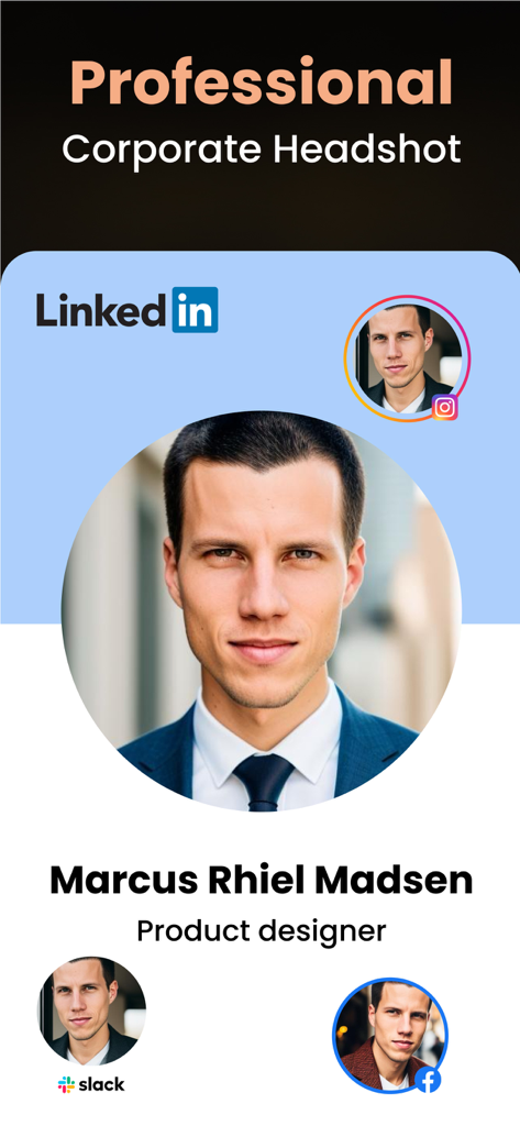 AI Headshot Generator - Pro - Un retrato profesional corporativo generado por IA para un perfil de LinkedIn que muestra a un diseñador de producto masculino.