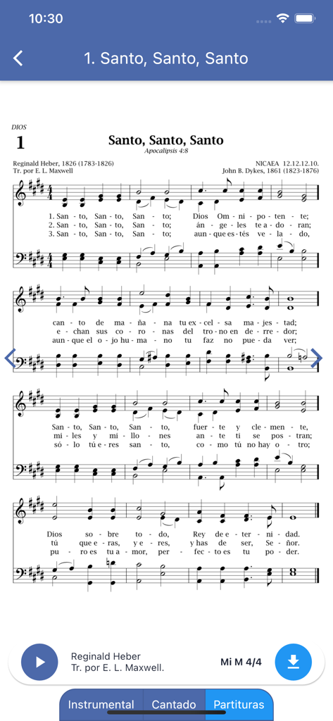 Himnario de la fe Adventista - Sheet music view of the hymn Santo Santo Santo in the Adventist hymnal app.